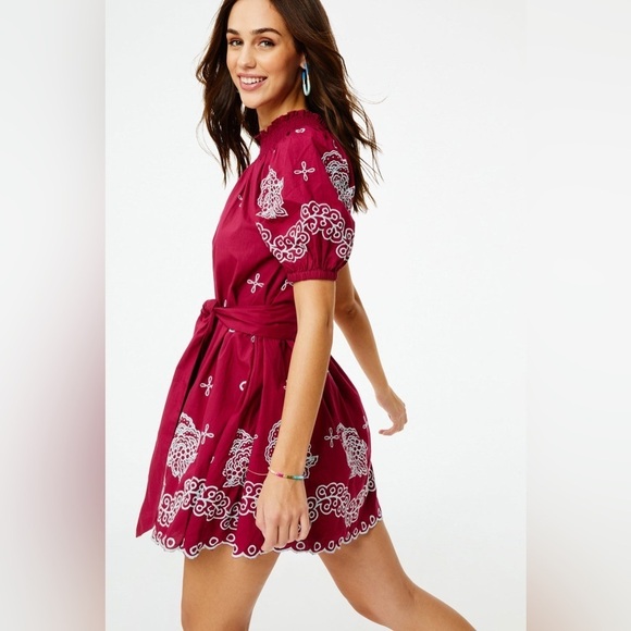 Roller Rabbit Peonia Embroidered Ainsley Dress Size Small Maroon and Blue - Picture 2 of 10